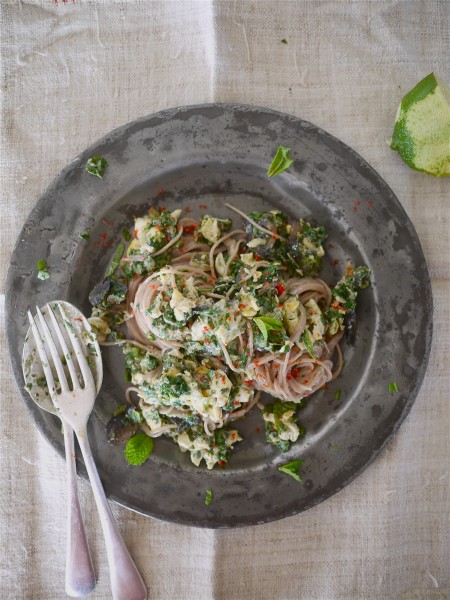 Mushroom and spinach noodles with lime and ginger dressing